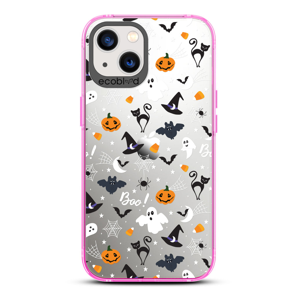 Halloween Collection - Pink Laguna iPhone 13 Case With Spiders, Ghosts & Other Spooky Characters On A Clear Back 