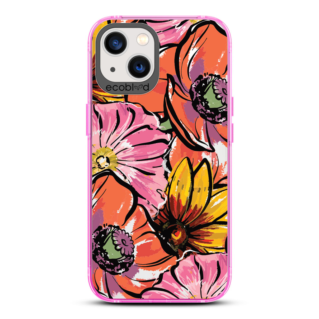 Spring Collection - Pink Compostable iPhone 13 Case - Watercolor Spring Flowers Painting On A Clear Back