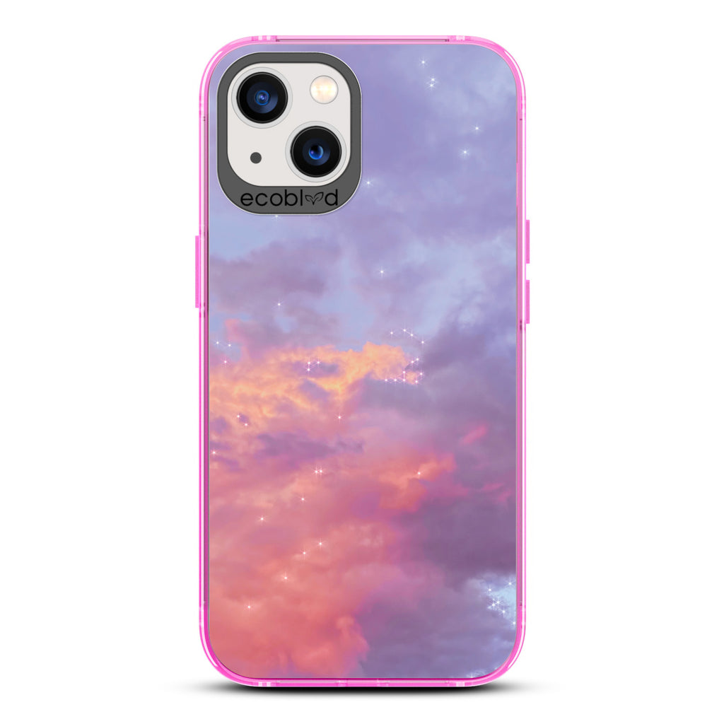 Love Collection - Pink Compostable iPhone 13 Case - Cloudy Pastel Sunset With Stars On A Clear Back