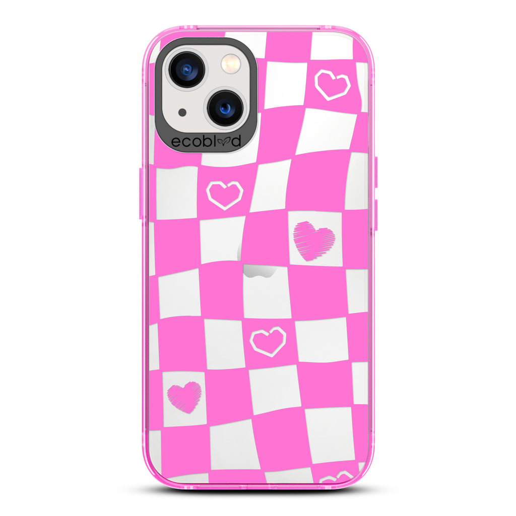 Love Collection - Pink Compostable iPhone 13 Case - Wavy Checkered Print & Scribbled Hearts On A Clear Back