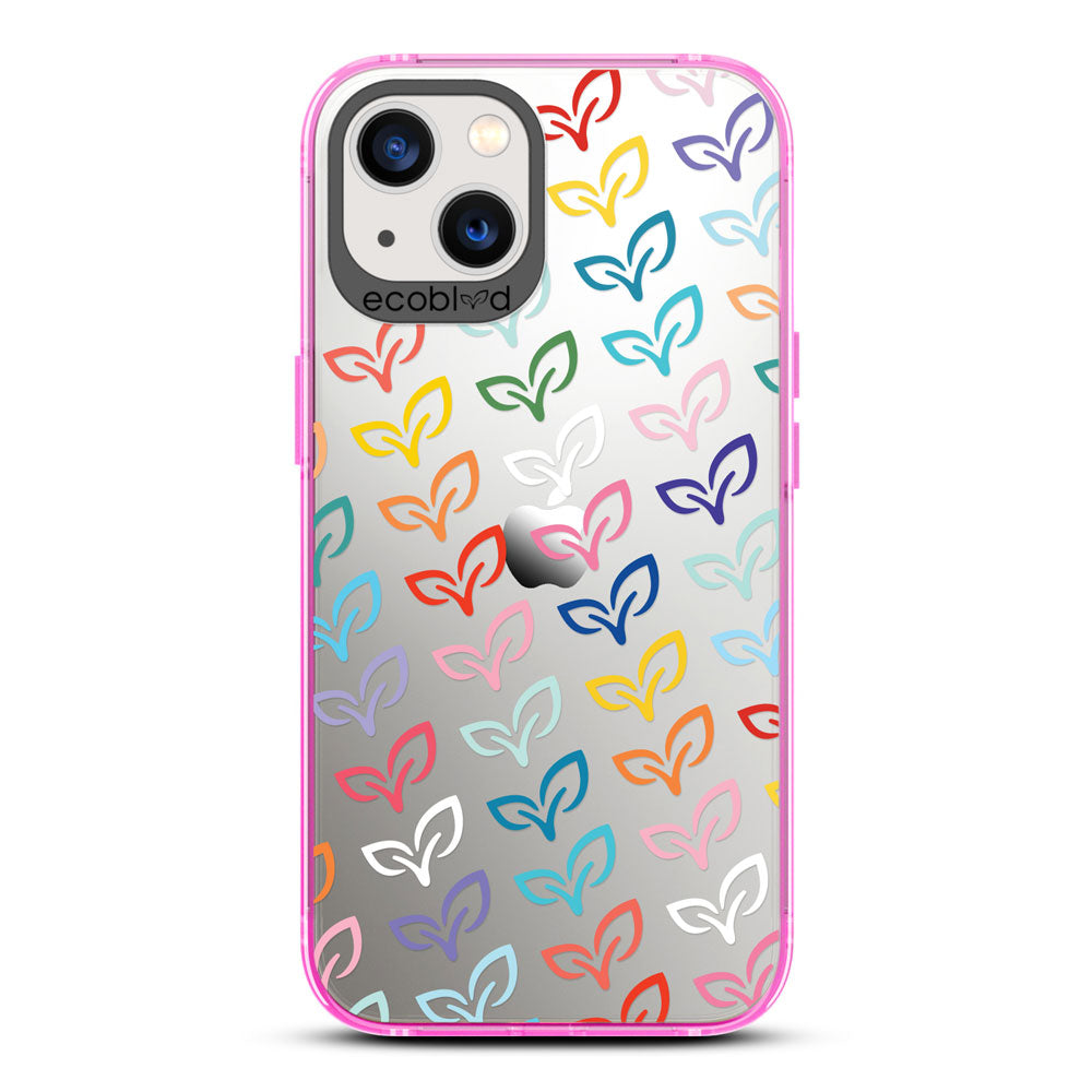 Laguna Collection - Pink iPhone 13 Case With Colorful V-Leaf Monogram Print On A Clear Back - 6FT Drop Protection