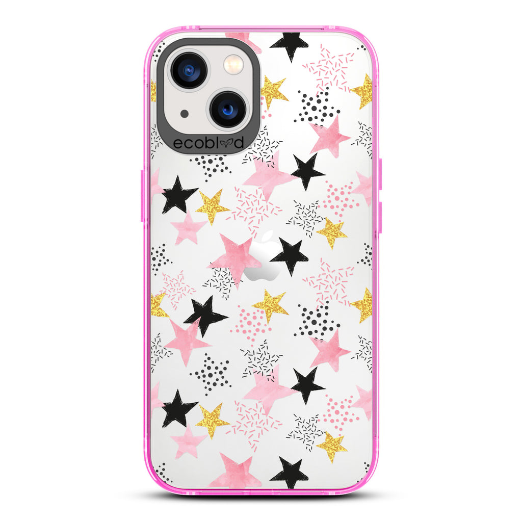 Winter Collection - Pink Laguna iPhone 13 Case With Pink, Black & Gold Stars In Solid & Polka Dot Patterns