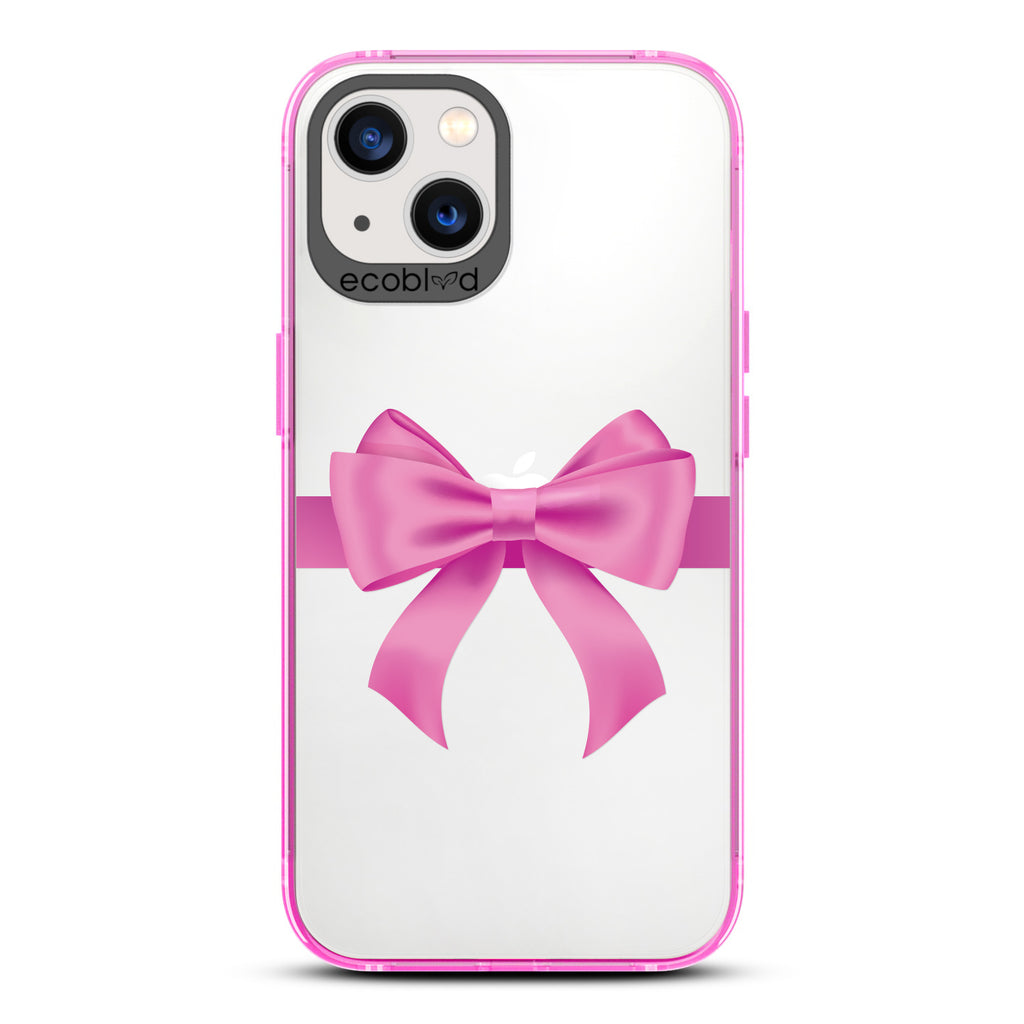 Winter Collection - Pink Eco-Friendly Laguna iPhone 13 Case With A Pink Gift Bow Printed On A Clear Back