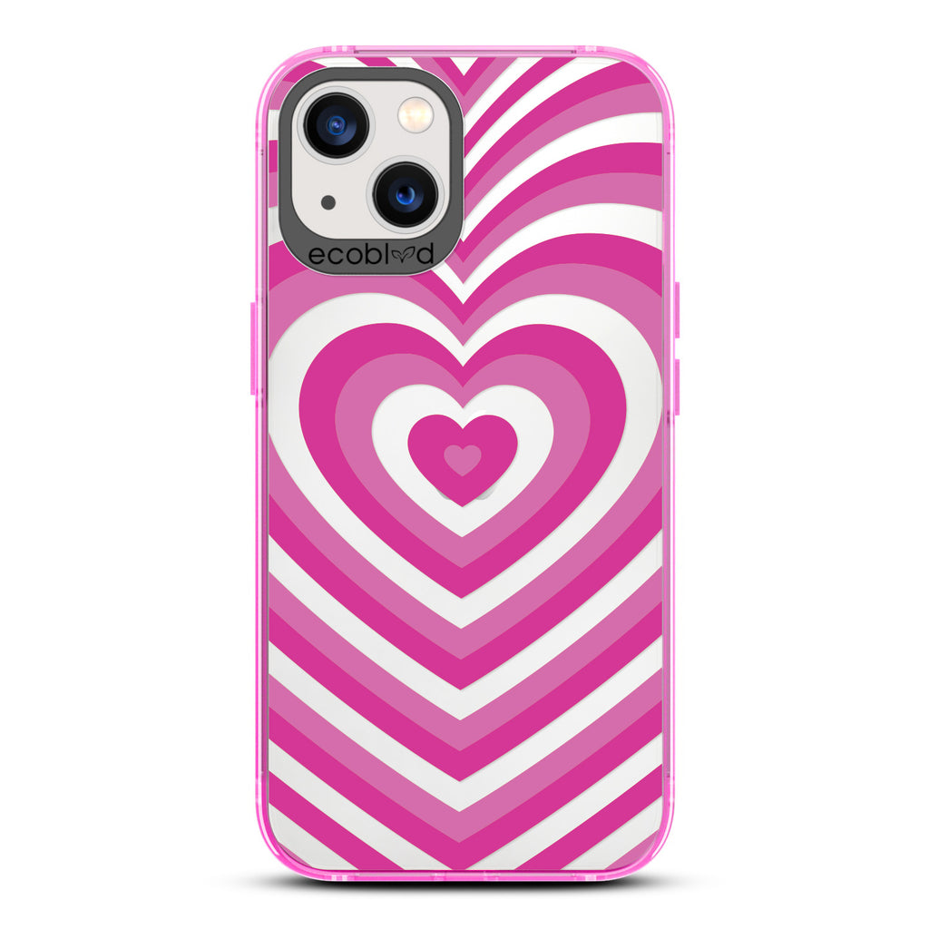 Love Collection - Pink Compostable iPhone 13 Case - A Small Pink Heart Gradually Growing Larger On A Clear Back