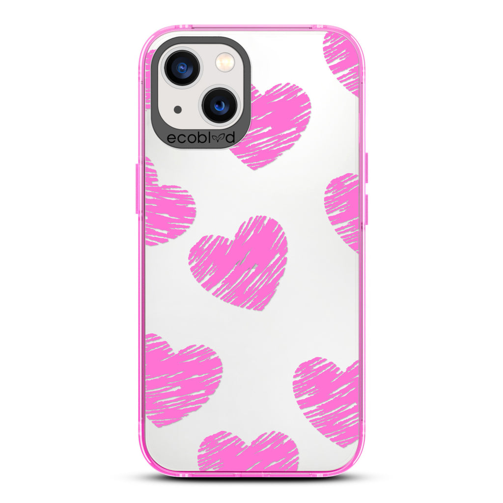 Love Collection - Pink Compostable iPhone 13 Case - Pink Scribbled Hearts On A Clear Back