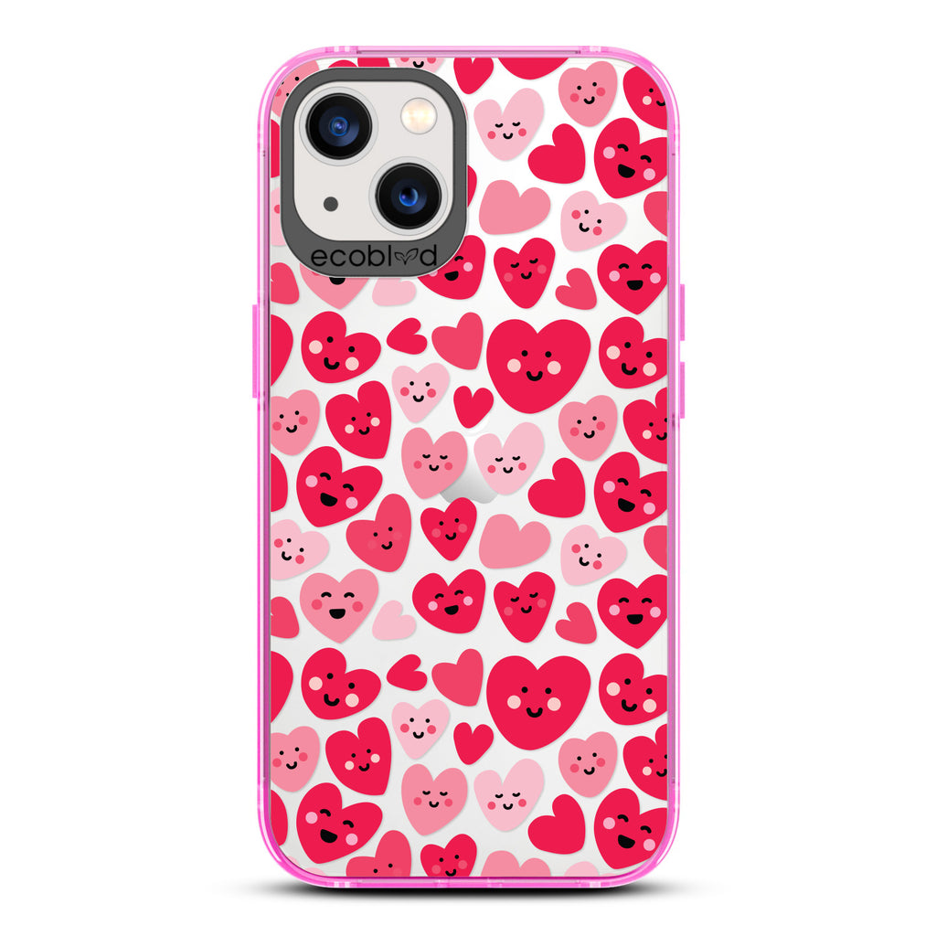 Love Collection - Pink Compostable iPhone 13 Case - Pink & Red Smiling Cartoon Hearts On A Clear Back