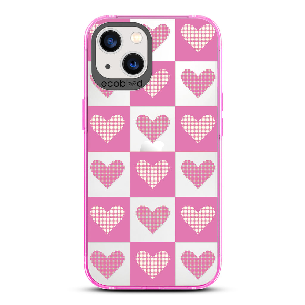 Love Collection - Pink Compostable iPhone 13 Case - Pink Checkered Print With Knitted Hearts On A Clear Back