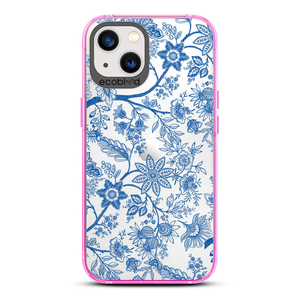 Timeless Collection - Pink Laguna Eco-Friendly iPhone 13 Case With Blue Toile De Jouy Floral Pattern On A Clear Back