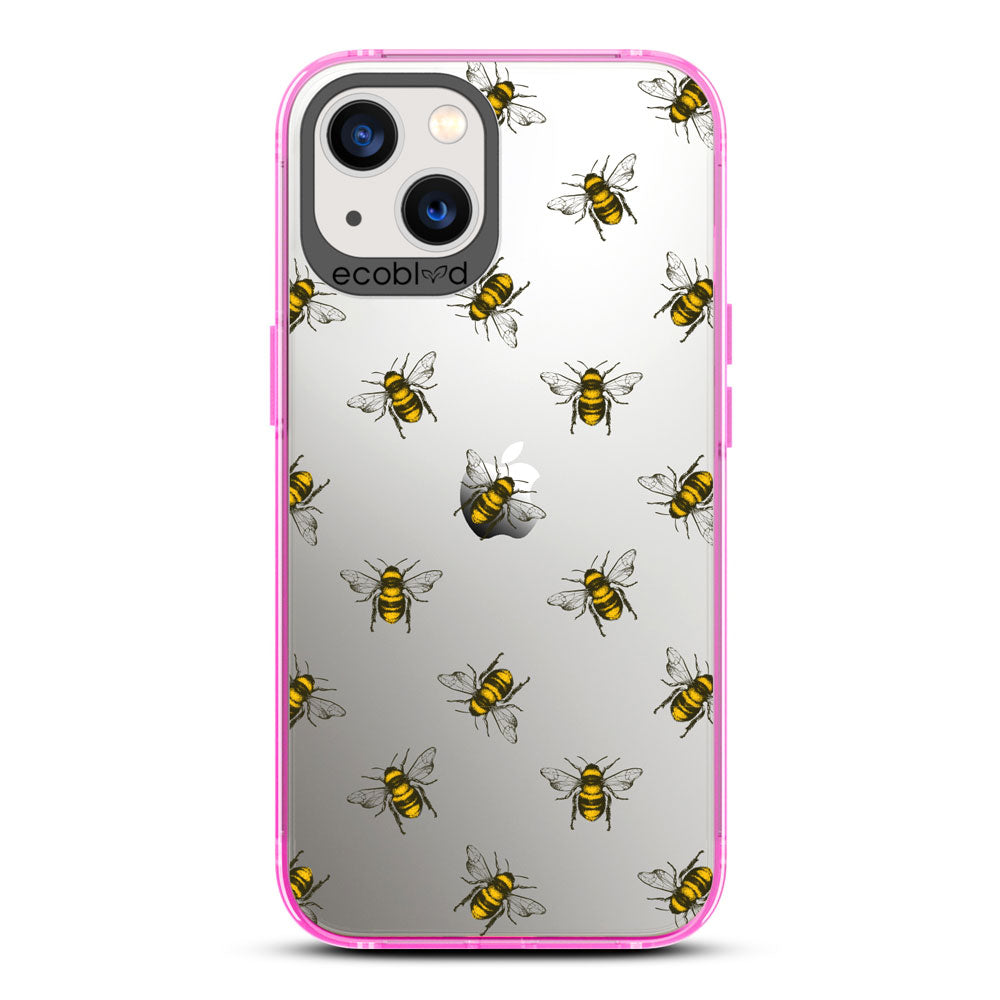 Laguna Collection - Pink Eco-Friendly iPhone 13 Case With A Honey Bees Design On A Clear Back - Compostable