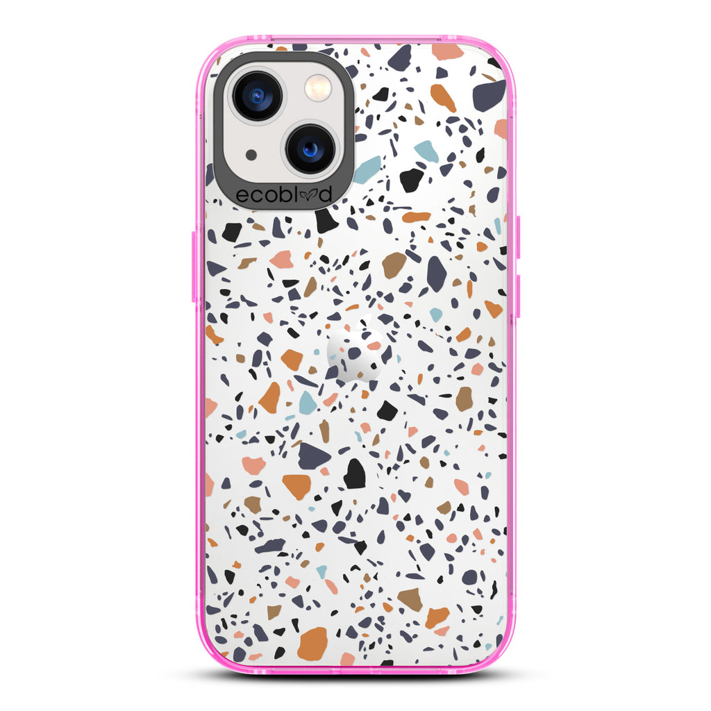 Timeless Collection - Pink Laguna Compostable iPhone 13 Case With A Speckled Terrazzo Pattern On A Clear Back