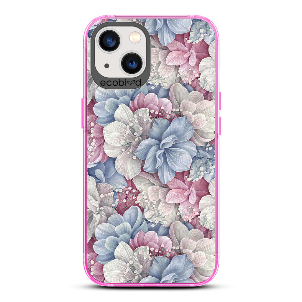 Spring Collection - PinkCompostable iPhone 13 Case - Dewey Pastel-Colored Watercolor Hydrangeas On A Clear Back
