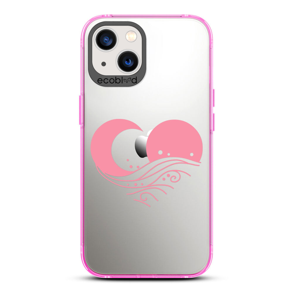 Laguna Collection - Pink Compostable iPhone 13 Case With The Sun, Moon & A Wave Forming A Heart On A Clear Back