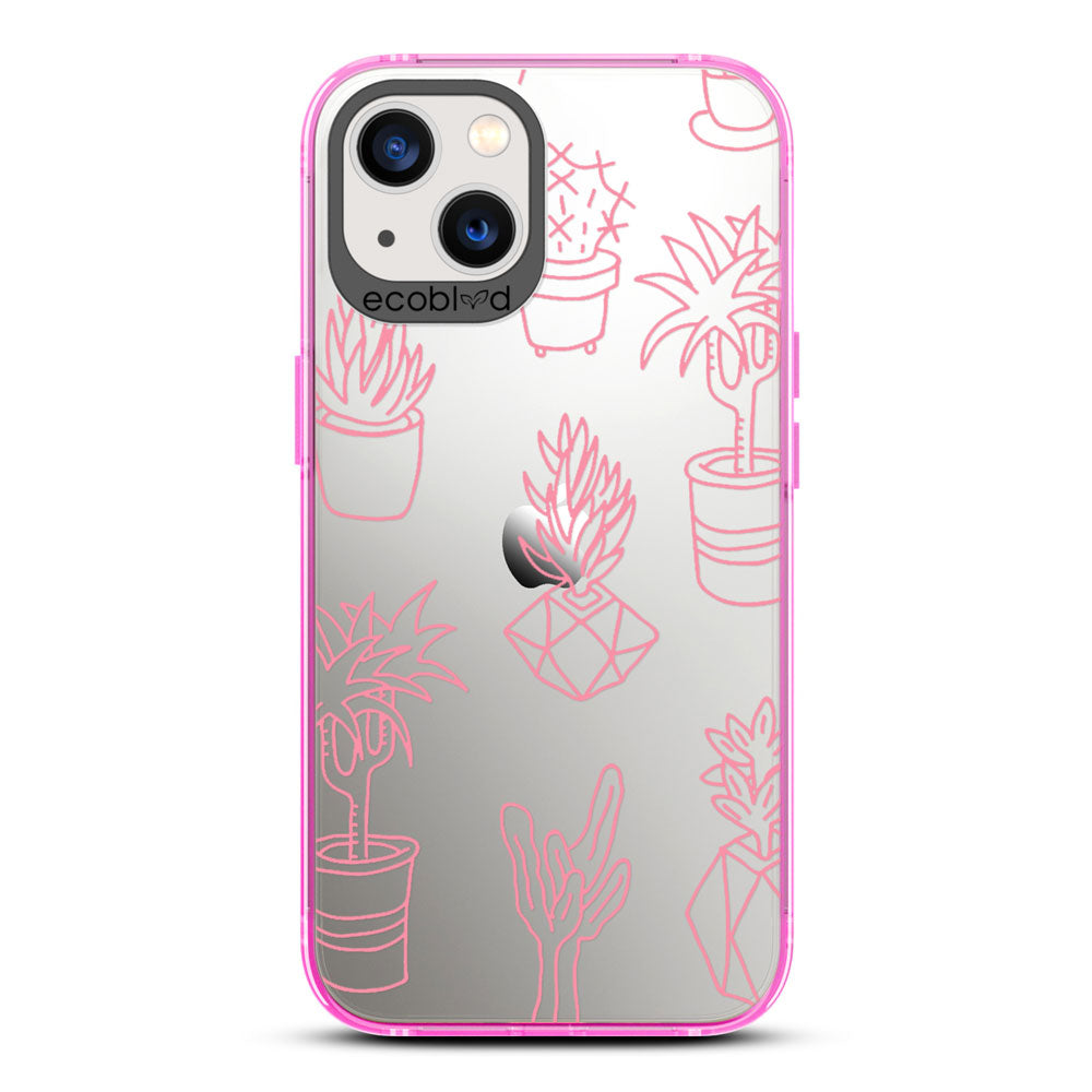 Laguna Collection - Pink iPhone 13 Case With Line Art Succulent Garden Print On A Clear Back - 6FT Drop Protection