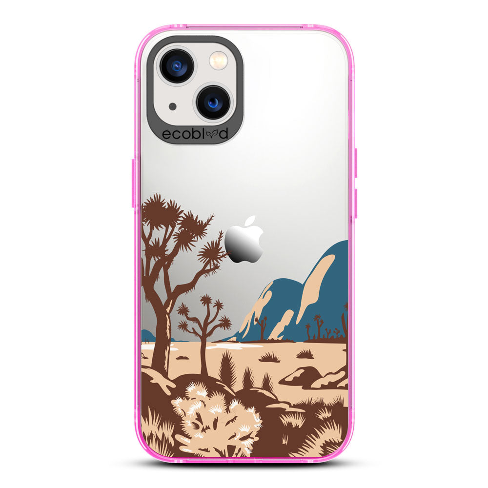 Laguna Collection - Pink Compostable iPhone 13 Case With Minimalist Joshua Tree Desert Landscape On A Clear Back