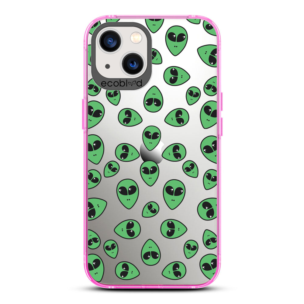 Laguna Collection - Pink Eco-Friendly iPhone 13 Case With Green Cartoon Alien Heads On A Clear Back - Compostable