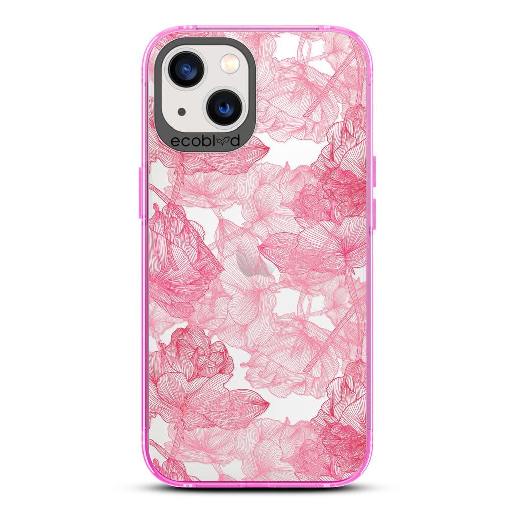 Love Collection - Pink Compostable iPhone 13 Case - Pink Line Art Style Roses On A Clear Back