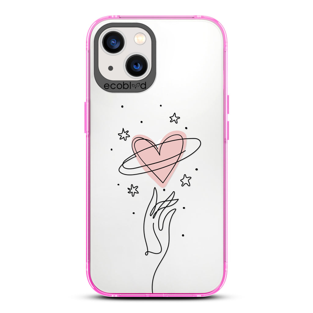 Be Still My Heart - Pink Compostable iPhone 13 Case - Line Art Hand Reaching Out For Pink Heart, Stars On Clear Back