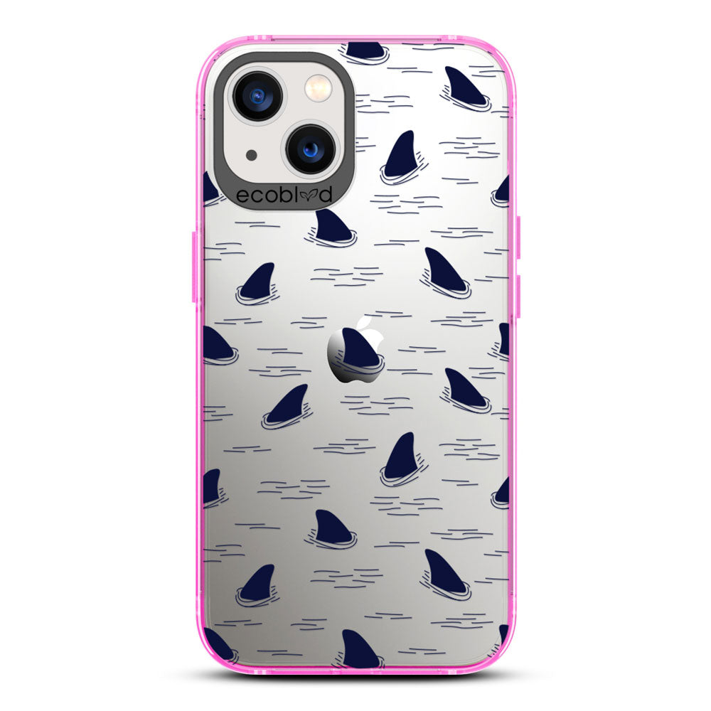 Laguna Collection - Pink iPhone 13 Case With Shark Fins Peeking From Water On A Clear Back - 6FT Drop Protection