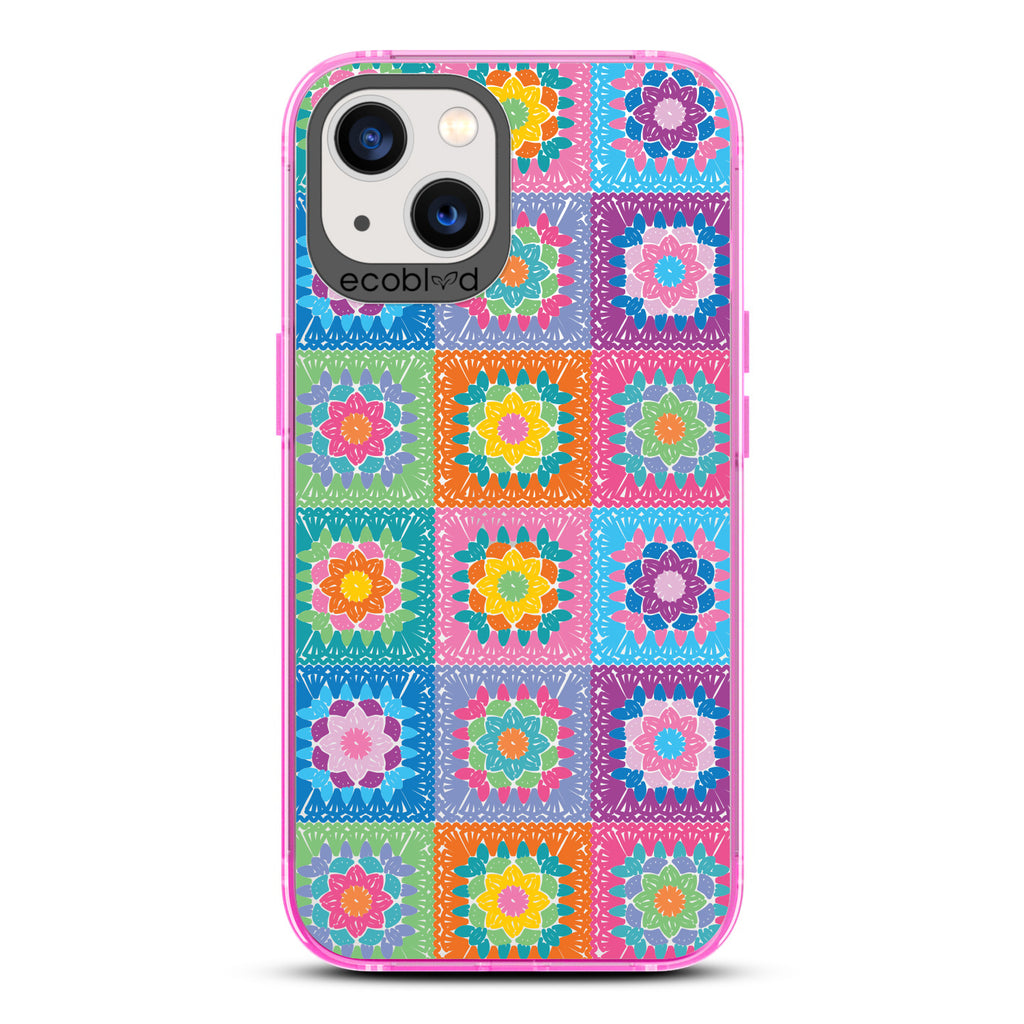 All Squared Away - Pastel Vintage Granny Squares Crochet - Eco-Friendly Clear iPhone 13 Case With Pink Rim 