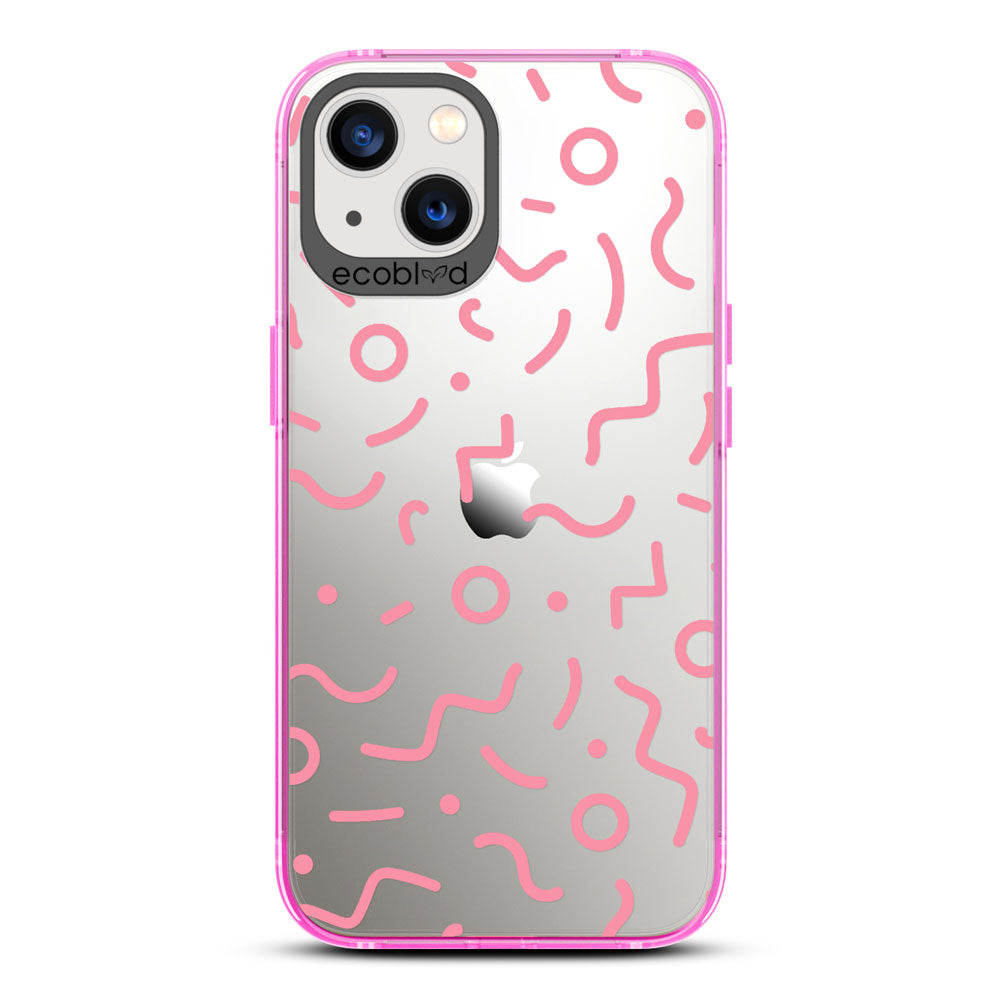 90's Kids - Pink Eco-Friendly iPhone 13 Case with Retro 90's Lines & Squiggles On A Clear Back