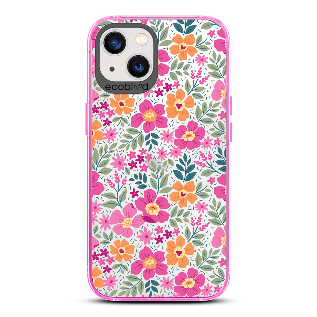 Spring Collection - Pink Compostable iPhone 13 Case - Bright, Colorful  Vintage Cartoon Flowers with Leaves On A Clear Back