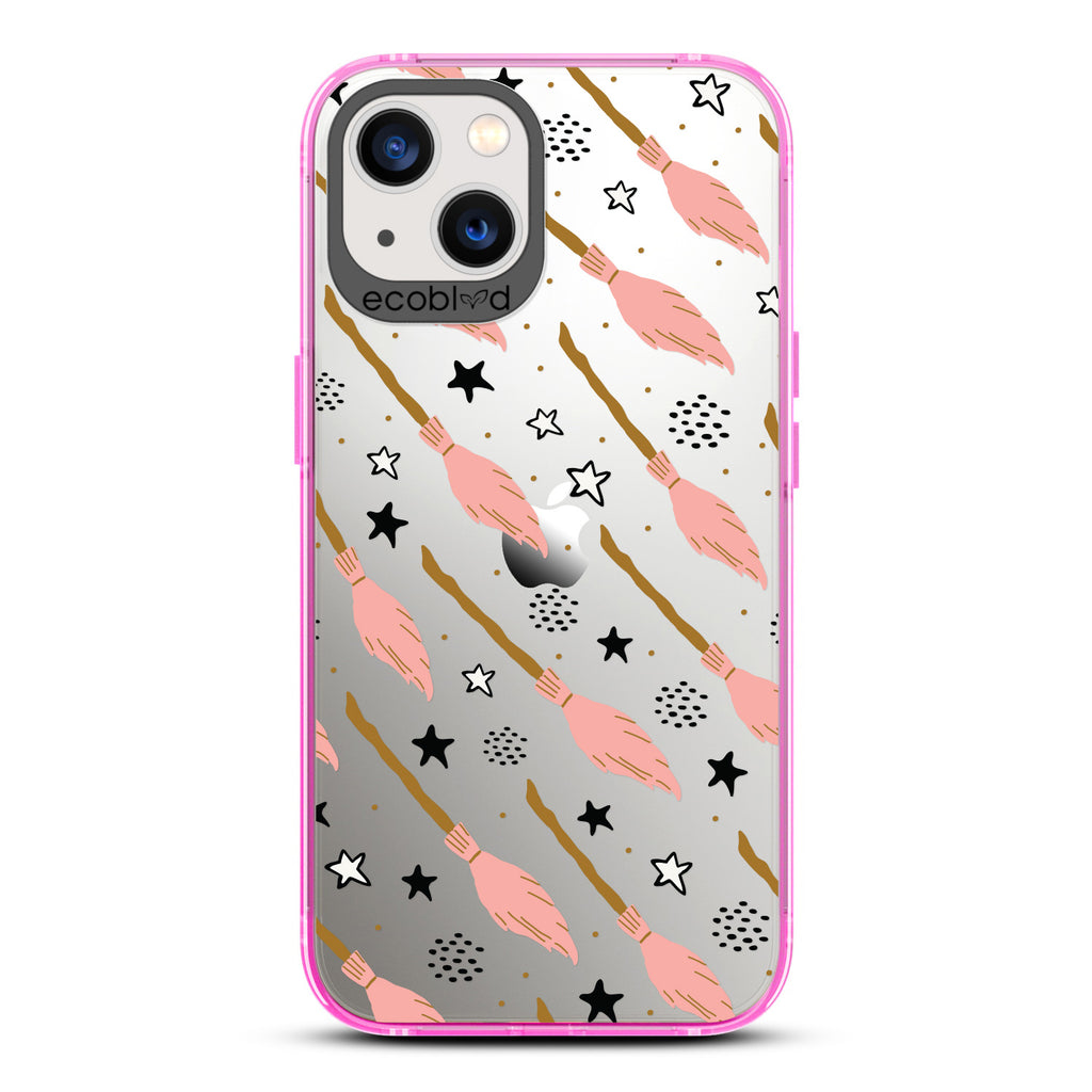 Halloween Collection - Pink Eco-Friendly Laguna iPhone 13 Case With Pink Witch's Brooms And Stars On A Clear Back 