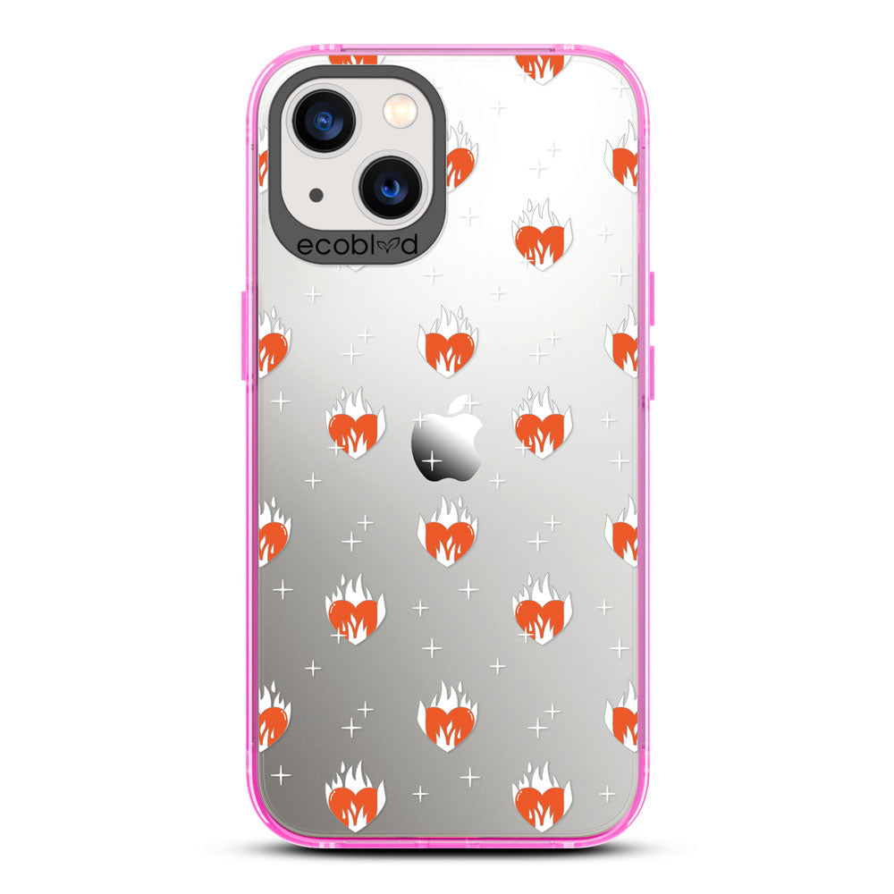 Laguna Collection - Pink Eco-Friendly iPhone 13 Case With A Flaming Red Hearts & Stars Pattern On A Clear Back 