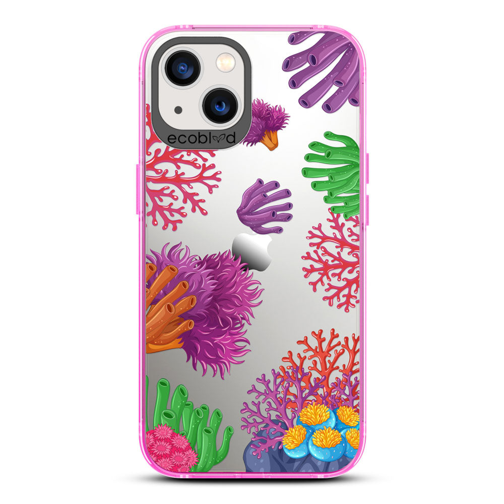 Laguna Collection - Pink Eco-Friendly iPhone 13 Case With A Colorful Underwater Coral Reef Pattern On A Clear Back
