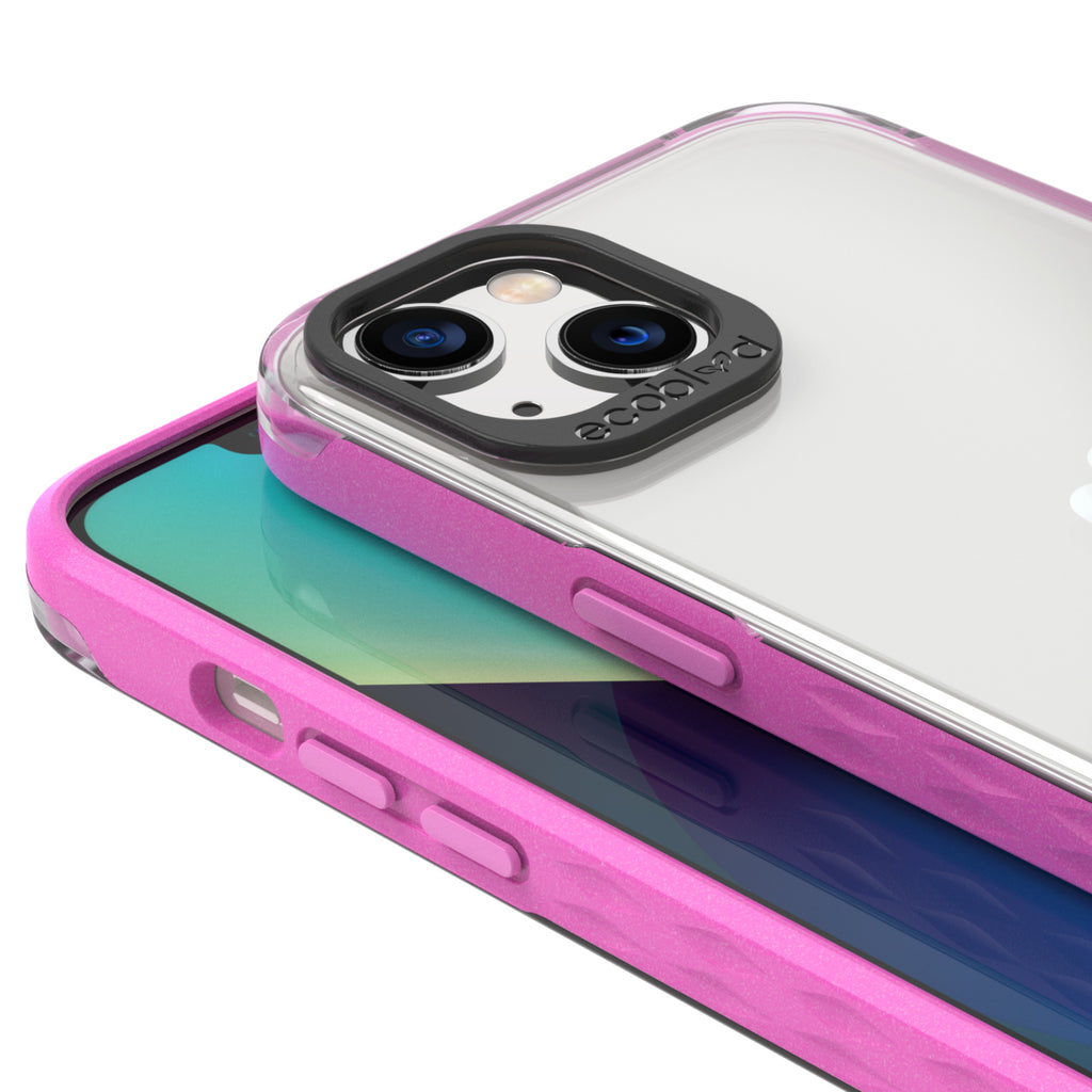 View Of Raised Camera Ring & Raised Edges On Pink iPhone 13 Laguna Case