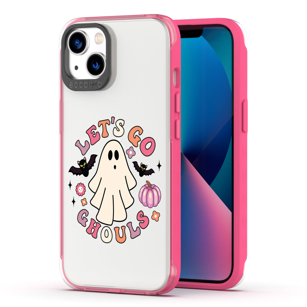 Back View Of The Pink Laguna Halloween iPhone 13 Case With The Let's Go Ghouls Design & Front View Of The Screen