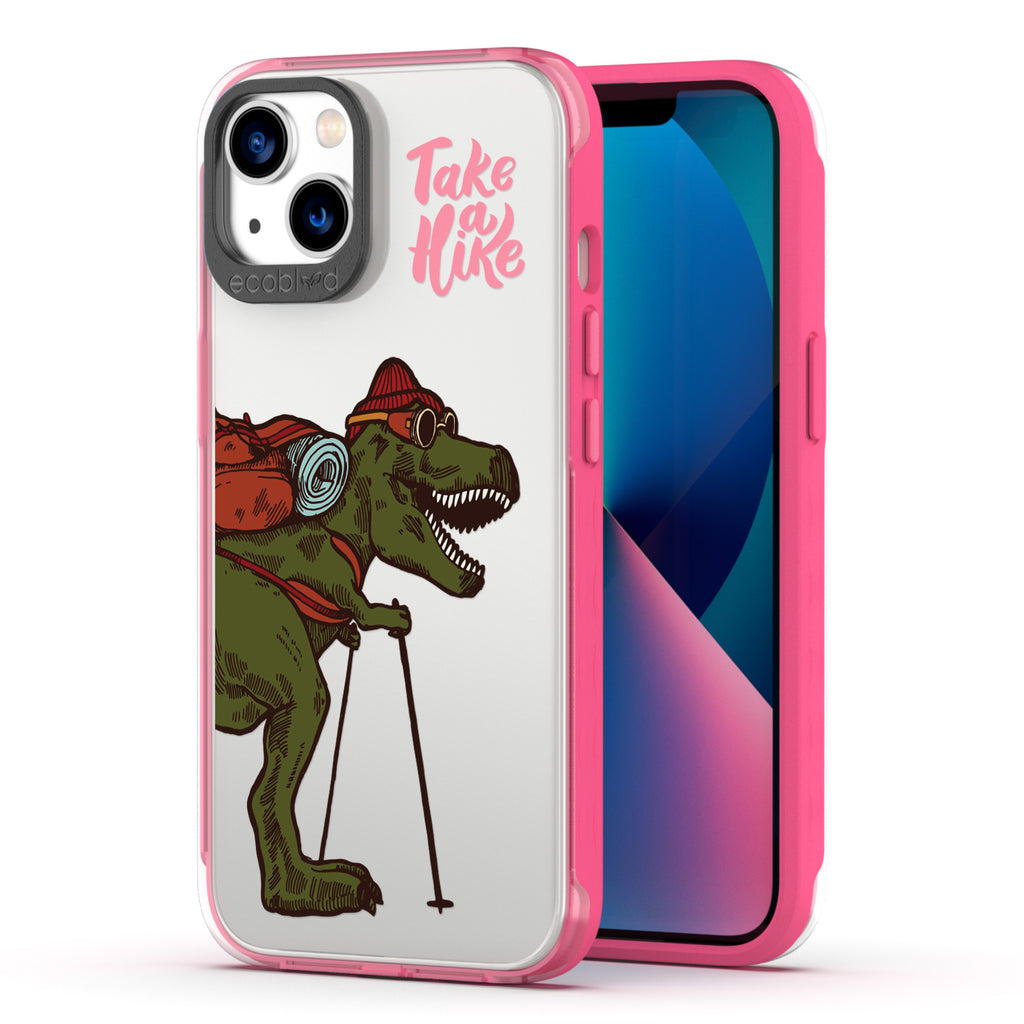Back View Of Pink iPhone 13 Laguna Case With The Take A Hike Design On A Clear Back And Frontal View Of The Screen