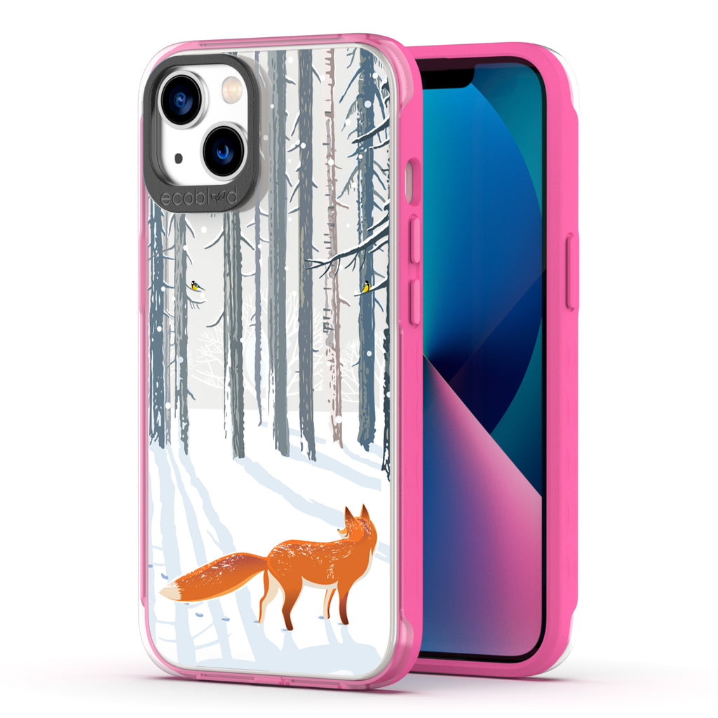 Back View Of Pink Compostable iPhone 13 Clear Case With The Fox Trot In The Snow Design & Front View Of Screen