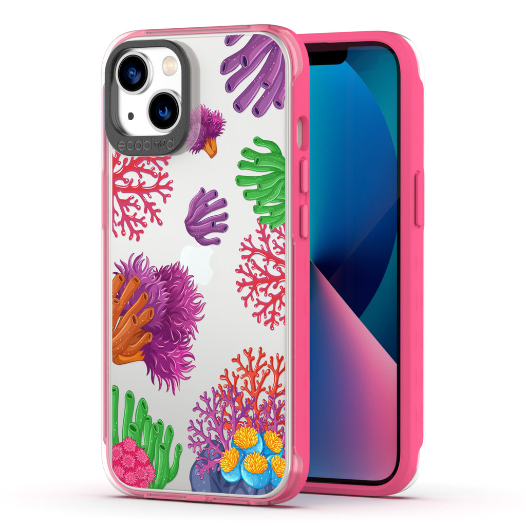 Back View Of Pink Compostable iPhone 13 Laguna Case With The Coral Reef Design & Front View Of The Screen