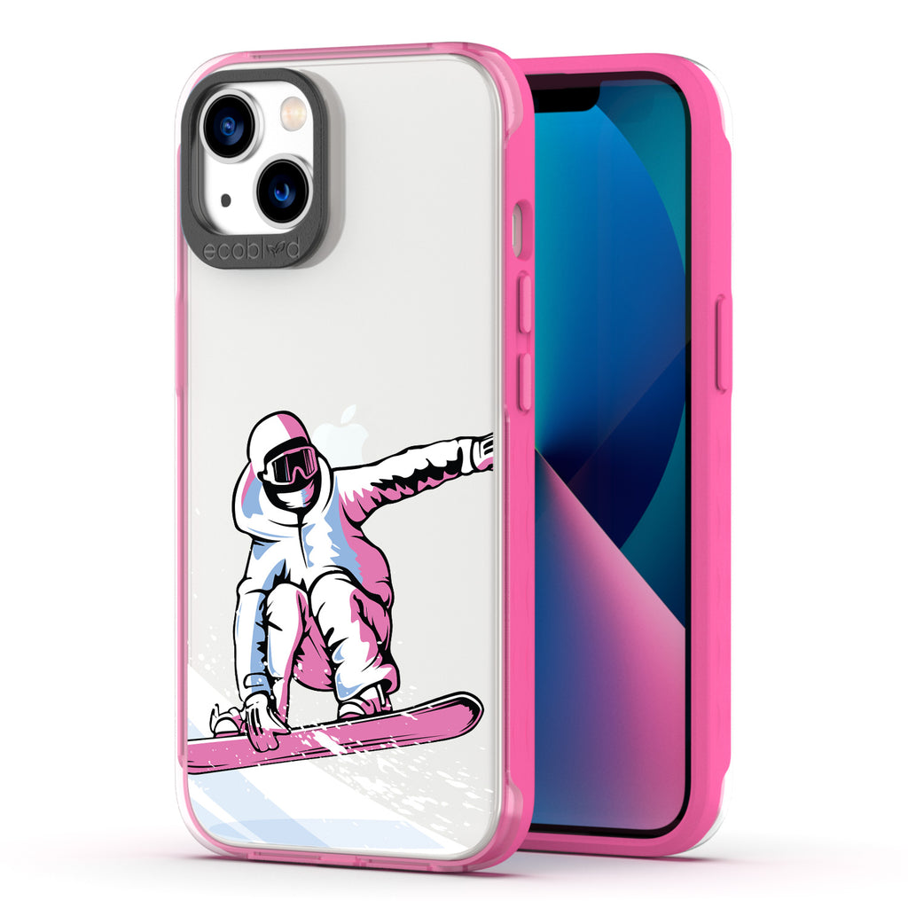 Back View Of Pink Compostable iPhone 13 Clear Case With The Shreddin' The Gnar Design & Front View Of Screen