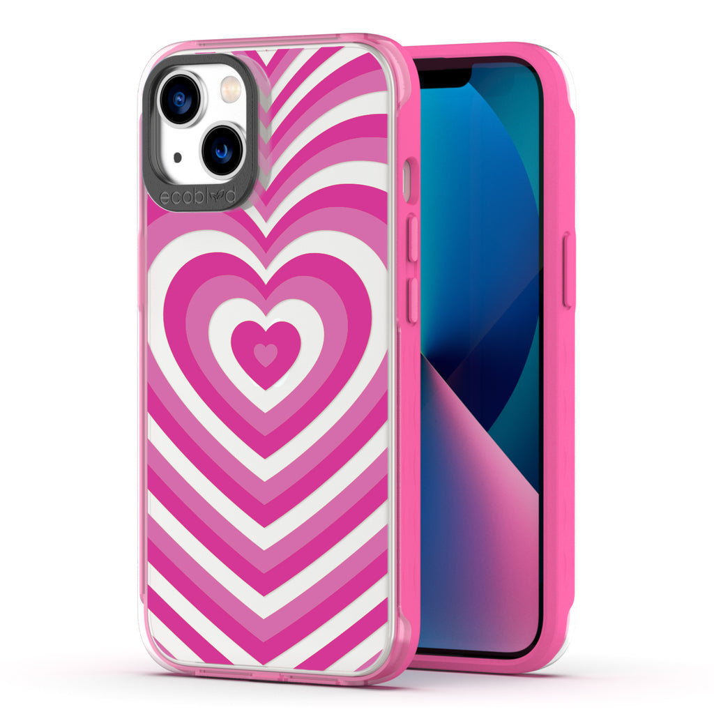 Back View Of Pink Eco-Friendly iPhone 13 Clear Case With The Tunnel Of Love Design & Front View Of Screen