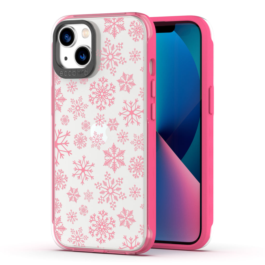 Back View Of Eco-Friendly Pink Phone 13 Winter Laguna Case With The Let It Snow Design & Front View Of The Screen