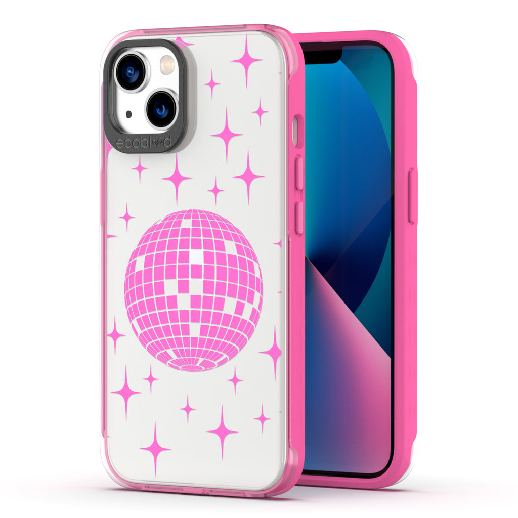 Back View Of Pink Compostable iPhone 13 Clear Case With The Disco With The Flow Design & Front View Of Screen