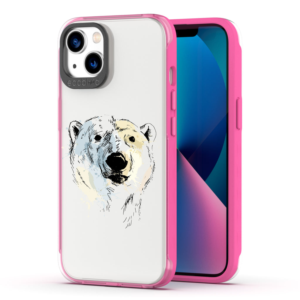 Back View Of Pink Eco-Friendly iPhone 13 Clear Case With The Polar Bear Design & Front View Of Screen