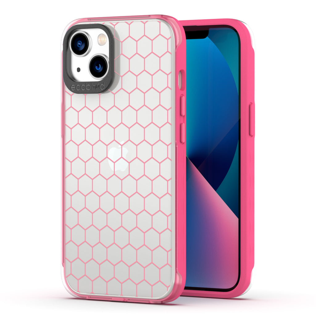 Back View Of The Pink Compostable iPhone 13 Laguna Case With Honeycomb Design On A Clear Back & Front View Of The Screen