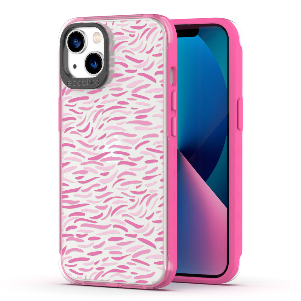 Back View Of Eco-Friendly Pink iPhone 13 Timeless Laguna Case With The Bush Stroke Design & Front View Of The Screen