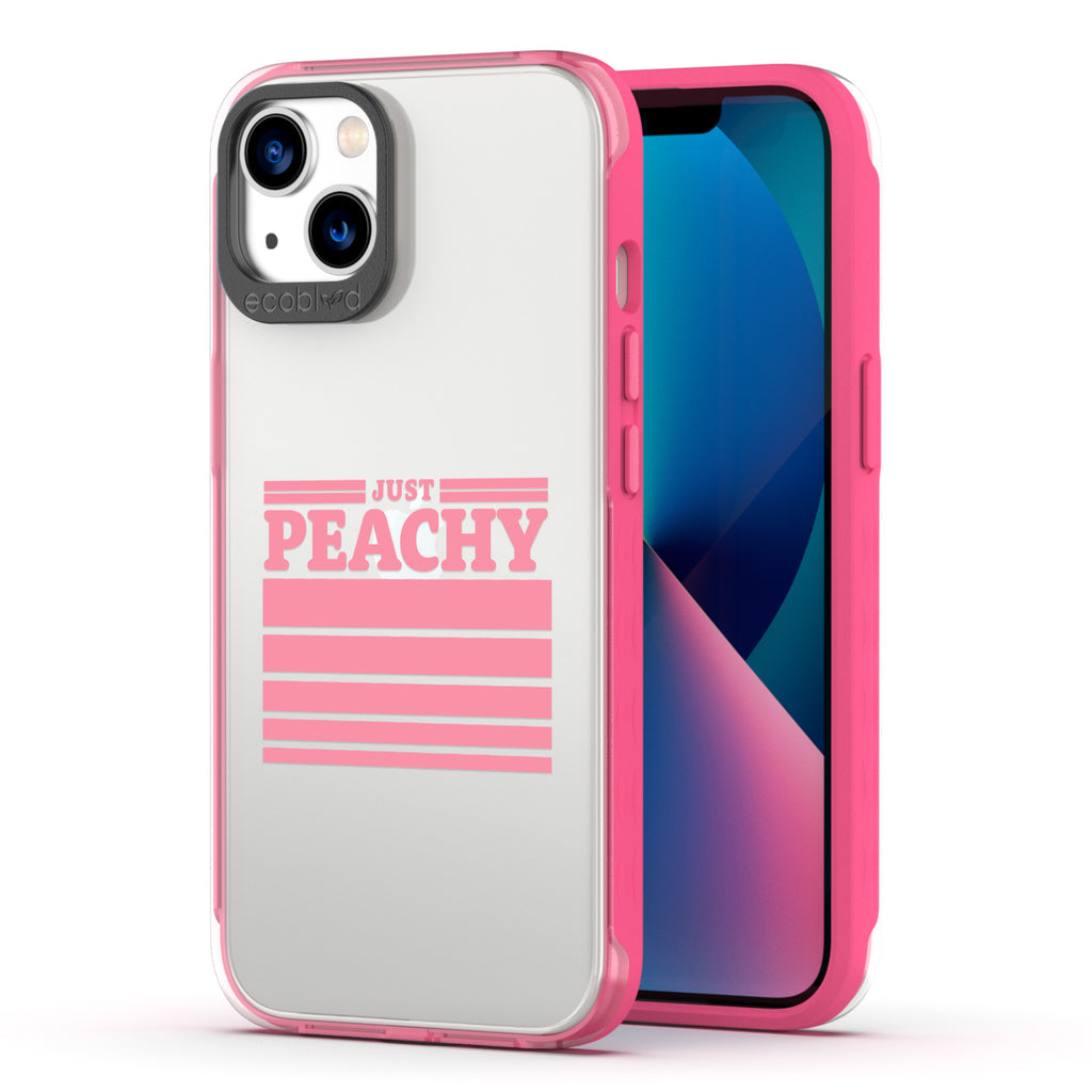 Back View Of The Pink Eco-Friendly iPhone 13 Laguna Case With Just Peachy Design & Front View Of The Screen