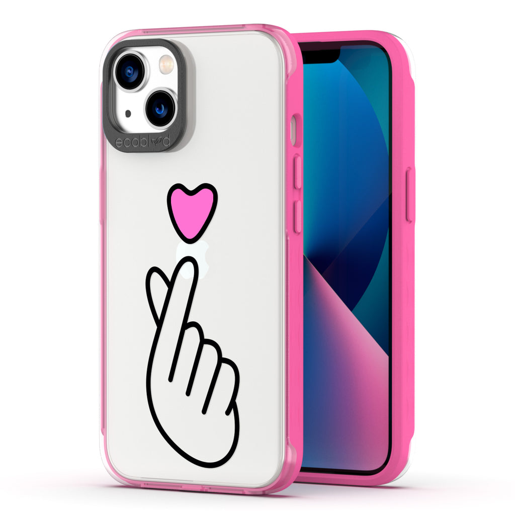 Back View Of Pink Eco-Friendly iPhone 13 Clear Case With The Finger Heart Design & Front View Of Screen