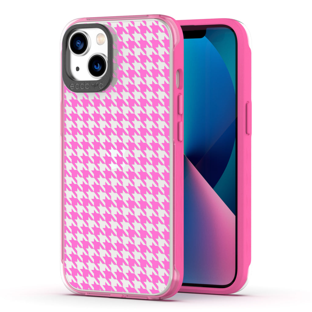 Back View Of Eco-Friendly Pink iPhone 13 Timeless Laguna Case With Houndstooth Design & Front View Of Screen