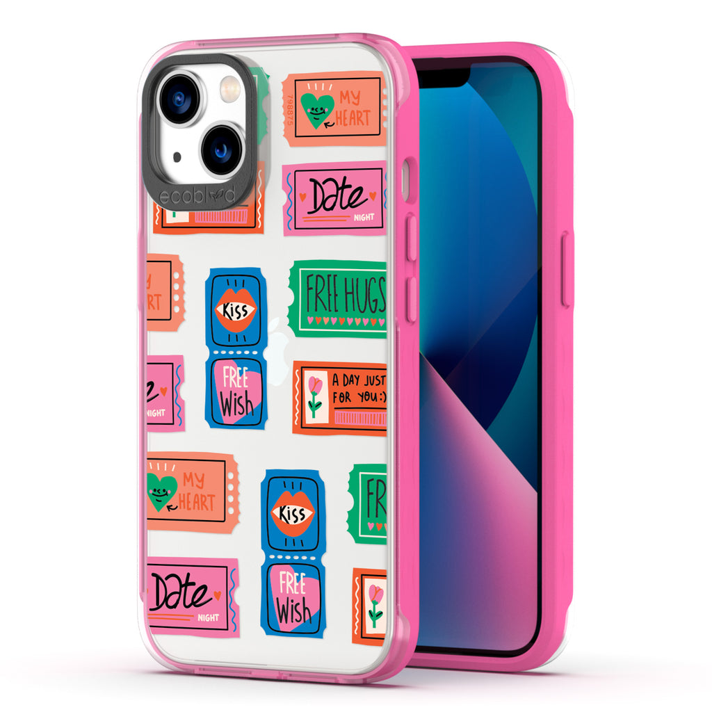 Love Collection - Pink Compostable iPhone 13 Case - Coupons For Date Night, A Free Kiss, & More On A Clear Back