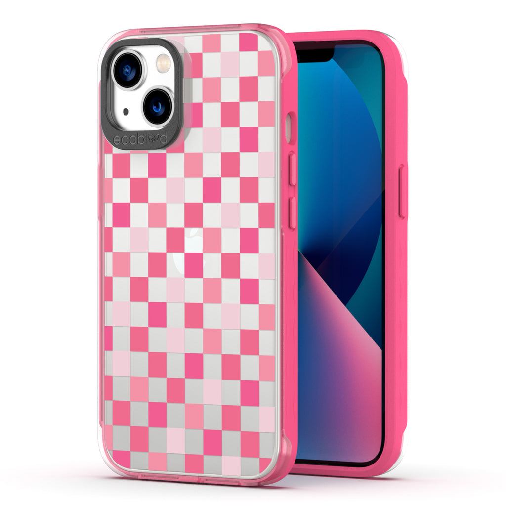 Back View Of The Pink iPhone 13 Laguna Case With The Checkered Print Design On A Clear Back And Frontal View Of The Screen