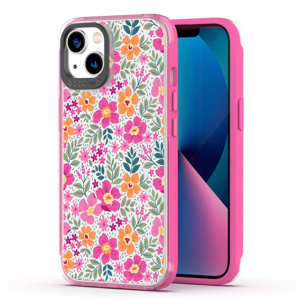 Back View Of Pink Eco-Friendly iPhone 13 Clear Case With Wallflowers Design & Front View Of Screen