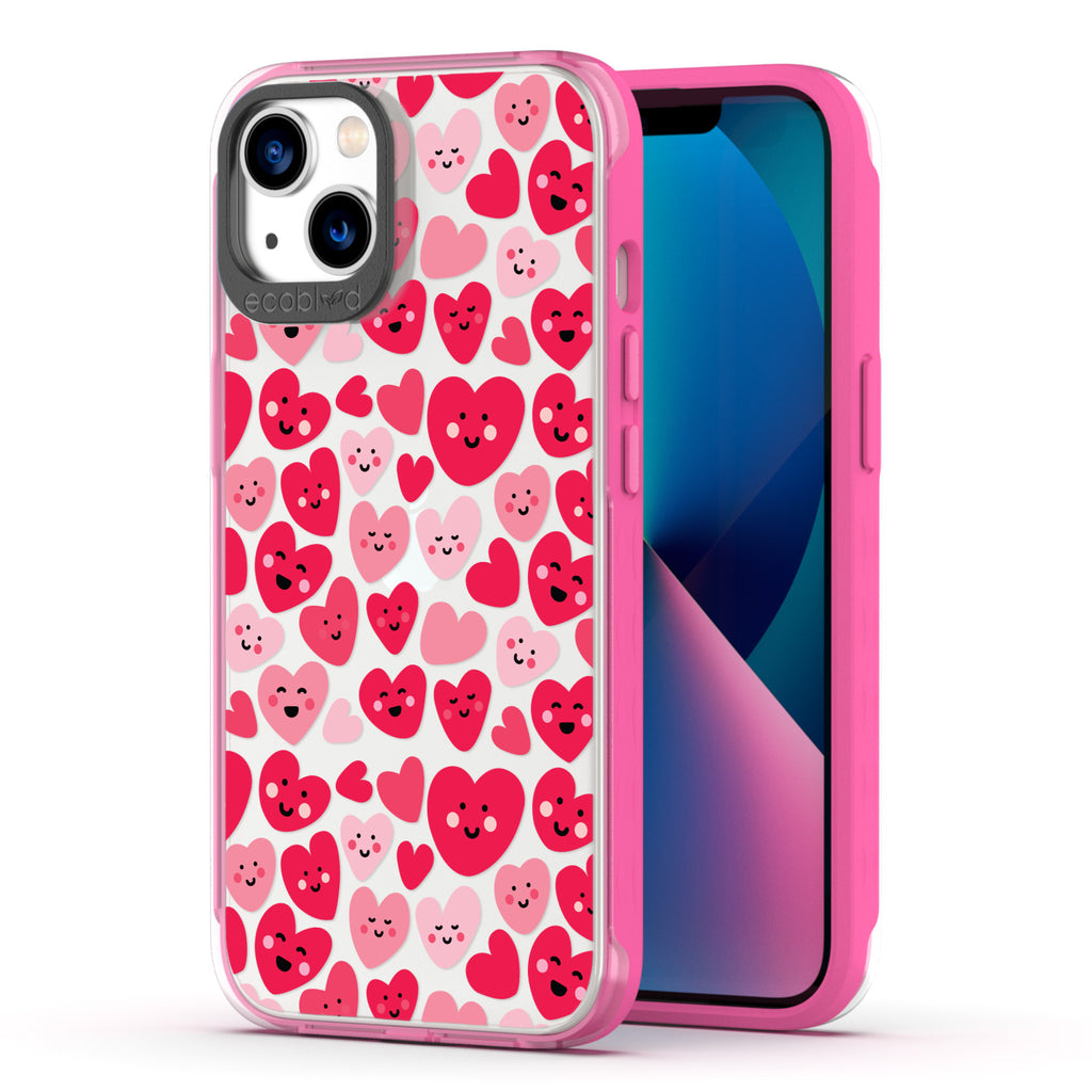 Back View Of Pink Eco-Friendly iPhone 13 Clear Case With The Happy Hearts Design & Front View Of Screen