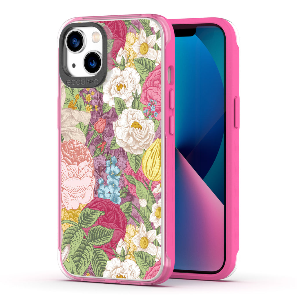 Back View Of Eco-Friendly Pink Phone 13 Timeless Laguna Case With The In Bloom Design & Front View Of The Screen