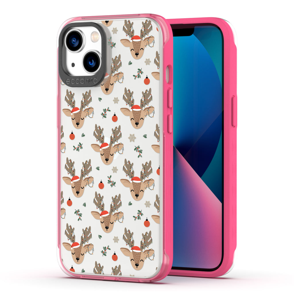 Back View Of Pink Compostable iPhone 13 Winter Laguna Case With The Oh Deer Design & Front View Of The Screen
