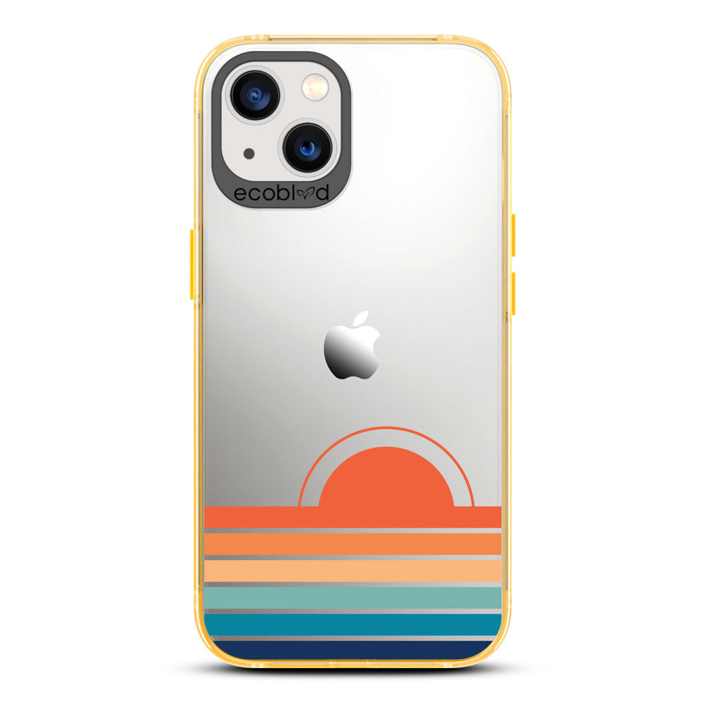Laguna Collection - Yellow Eco-Friendly iPhone 13 Case With A Sun Rising From Rainbow Stripes On A Clear Back - Compostable